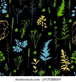 Seamless pattern of field grass on a black background. Hand drawing. Not AI. Vector illustration