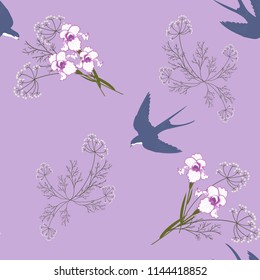 Seamless pattern with field herbs, irises and swallows on a lilac background. For decoration of textiles, packaging and web design. Vector illustration.