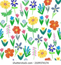 Seamless pattern - Field, meadow, garden, different bright flowers, grass. Drawing in the style of a children's doodle. doodles are drawn by a child's hand with colored pencils. Childish primitive
