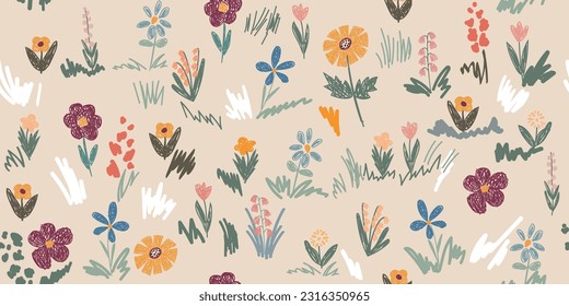 Seamless pattern - Field, meadow, garden, different bright flowers, grass. Doodles are drawn by a child's hand with colored pencils. Childish primitive doodl