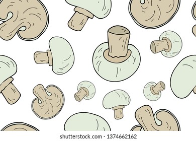 Seamless pattern with field muchrooms isolated on white background. Endless texture. Doodle mushrooms.