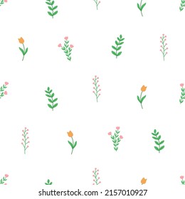 Seamless pattern field plants, meadow grass and flowers tulips poppies. Vector doodle illustration.