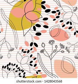 Seamless pattern of field plants of the North-West Caucasus in pastel pink, brown colors. Seamless floral background Black delicate graphics. Pink stripe. Wallpaper, textiles, paper, bedding.