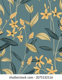 Seamless pattern with field plants. Vintage floral pattern in a realistic style. Composition of wildflowers, small flowers, various leaves and herbs. Vector illustration.