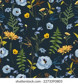 Seamless pattern field poppies flowers in brown and blue tones. Vector illustration