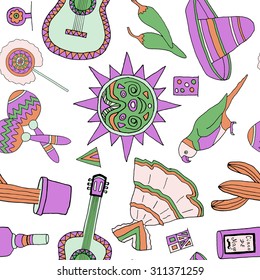 Seamless pattern with fiesta elements. Meaxican holiday background with hand drawn doodles. 