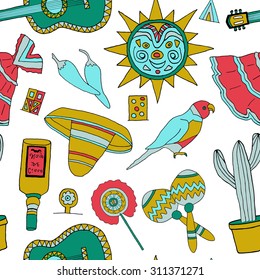 Seamless pattern with fiesta elements. Meaxican holiday background with hand drawn doodles. 