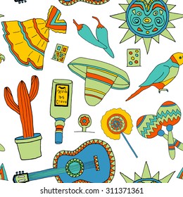 Seamless pattern with fiesta elements. Meaxican holiday background with hand drawn doodles. 