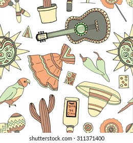 Seamless pattern with fiesta elements. Meaxican holiday background with hand drawn doodles. 