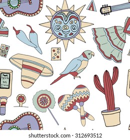 Seamless pattern with fiesta elements. Meaxican holiday background with hand drawn doodles. 