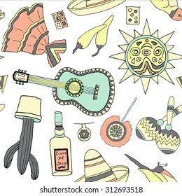 Seamless pattern with fiesta elements. Meaxican holiday background with hand drawn doodles. 