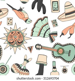 Seamless pattern with fiesta elements. Meaxican holiday background with hand drawn doodles. 