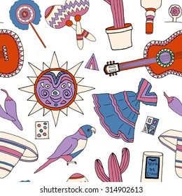 Seamless pattern with fiesta elements. Meaxican holiday background with hand drawn doodles. 