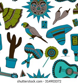 Seamless pattern with fiesta elements. Meaxican holiday background with hand drawn doodles. 