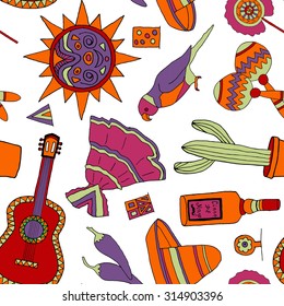 Seamless pattern with fiesta elements. Meaxican holiday background with hand drawn doodles. 