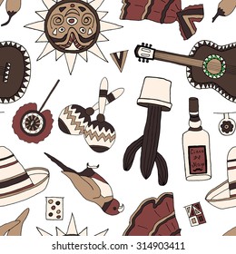 Seamless pattern with fiesta elements. Meaxican holiday background with hand drawn doodles. 