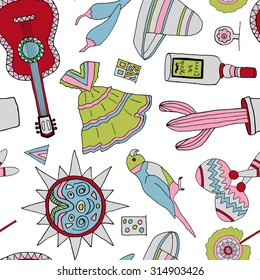 Seamless pattern with fiesta elements. Meaxican holiday background with hand drawn doodles. 