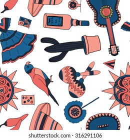 Seamless pattern with fiesta elements. Meaxican holiday background with hand drawn doodles. 