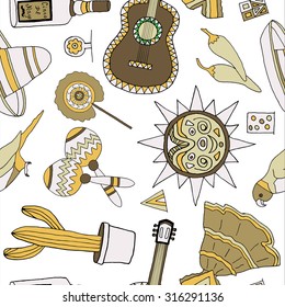 Seamless pattern with fiesta elements. Meaxican holiday background with hand drawn doodles. 