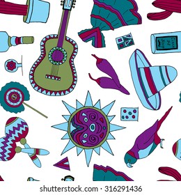 Seamless pattern with fiesta elements. Meaxican holiday background with hand drawn doodles. 