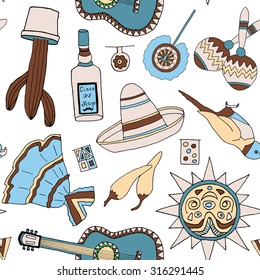 Seamless pattern with fiesta elements. Meaxican holiday background with hand drawn doodles. 