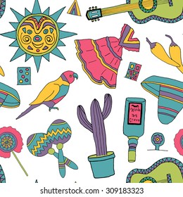 Seamless pattern with fiesta elements. Mexican holiday background with hand drawn doodles. 