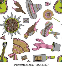 Seamless pattern with fiesta elements. Mexican holiday background with hand drawn doodles. 