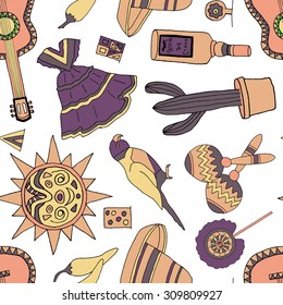 Seamless pattern with fiesta elements. Mexican holiday background with hand drawn doodles. 