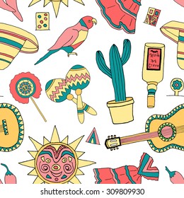 Seamless pattern with fiesta elements. Mexican holiday background with hand drawn doodles. 