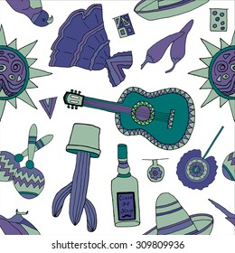 Seamless pattern with fiesta elements. Mexican holiday background with hand drawn doodles. 