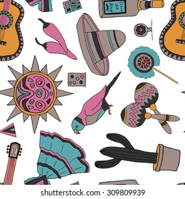 Seamless pattern with fiesta elements. Mexican holiday background with hand drawn doodles. 