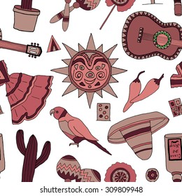 Seamless pattern with fiesta elements. Mexican holiday background with hand drawn doodles. 