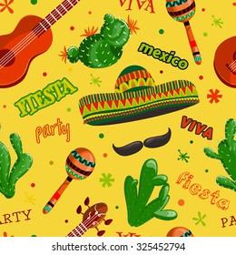 Seamless pattern Fiesta party with mexican guitar, maracas, sombrero, mustache and cactuses.Hand drawn vector illustration