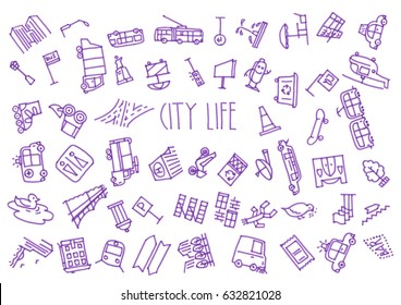 Seamless pattern fifty five city life hand drawn blue icons drawn with a felt-tip pen