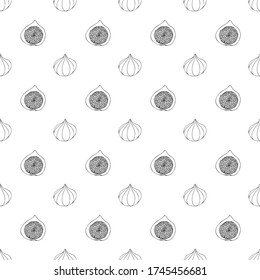 Seamless pattern with Fig fruit. The picture of the figs by hand. Black outline image on a white background. Vector illustration. The design for the covers of notebooks, wrapping paper, textiles.