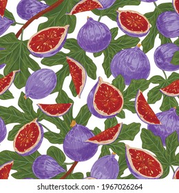 Seamless pattern with fig fruits and leaves on white background. Endless repeatable design with natural food for printing. Colored hand-drawn vector illustration for wrapping in vintage style.
