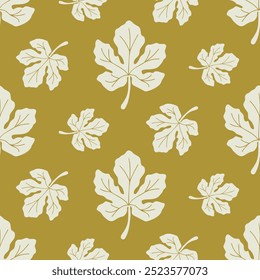 Seamless pattern with fig leaves on isolated background. Hand drawn design for Autumn harvest holiday, Thanksgiving, Halloween, seasonal, textile, scrapbooking, paper crafts.