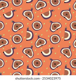 Seamless pattern with fig slices on orange background. Vector illustration in doodle style, flat style	
