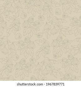 Seamless pattern. Fig tree branches with fruit. Outlined vector illustration on beige background