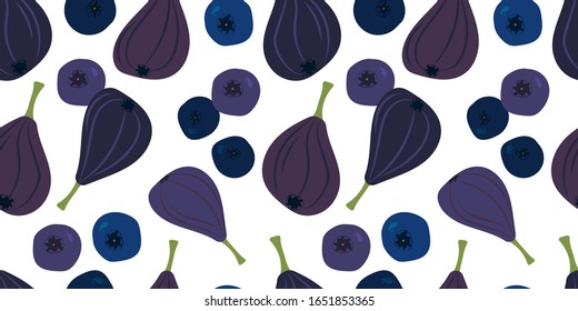 seamless pattern with figs, blueberries and bilberry on a white background. Modern abstract design for paper, cover, fabric, interior decor