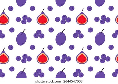 Patrón sin fisuras con higos, arándanos y uvas. Perfecto para la marca de superalimentos, el empaque centrado en la salud y las imágenes de frutas frescas