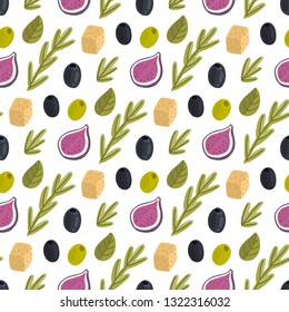 Seamless pattern with figs, cheese, rosemary, herbs and olives on a white background. Excellent design for packaging, wrapping paper, textile, clothes and etc.