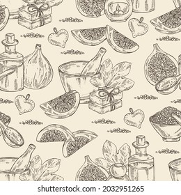 Seamless pattern with figs: fruit and piece of fig. Soap and bath salt . Cosmetic and medical plant. Vector hand drawn illustration. 