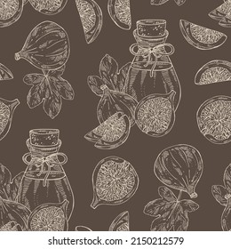 Seamless pattern with figs: fruit, piece of fig and bottle of figs essential oil. Cosmetic, perfumery and medical plant. Vector hand drawn illustration