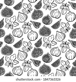 Patrón sin foco con higos, frutas y hojas. Estilo gráfico de grabado a mano. Ilustración de cartón para embalaje, tarjetas de menú, carteles, impresiones.