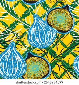 Seamless pattern with figs and leaves in line-art style. Mediterranean spirit meets retro elegance and modern sketch aesthetics. Ideal for textiles, packaging, home decor, and summer collections.