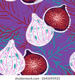 Seamless pattern with figs and leaves in line-art style. Mediterranean spirit meets retro elegance and modern sketch aesthetics. Ideal for textiles, packaging, home decor, and summer collections.