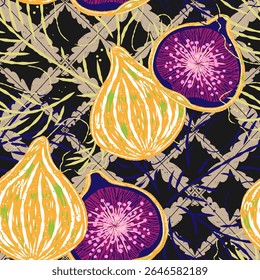 Seamless pattern with figs and leaves in line-art style. Mediterranean spirit meets retro elegance and modern sketch aesthetics. Ideal for textiles, packaging, home decor, and summer collections.