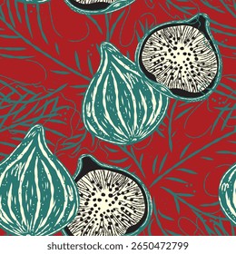 Seamless pattern with figs and leaves in line-art style. Mediterranean spirit meets retro elegance and modern sketch aesthetics. Ideal for textiles, packaging, home decor, and summer collections.