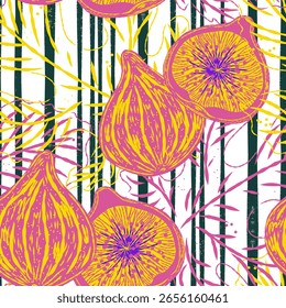 Patrón sin fisuras con higos y hojas en estilo line-art. El espíritu mediterráneo se combina con la elegancia retro y la estética de sketch moderna. Ideal para textiles, embalaje, decoración del hogar y colecciones de verano.